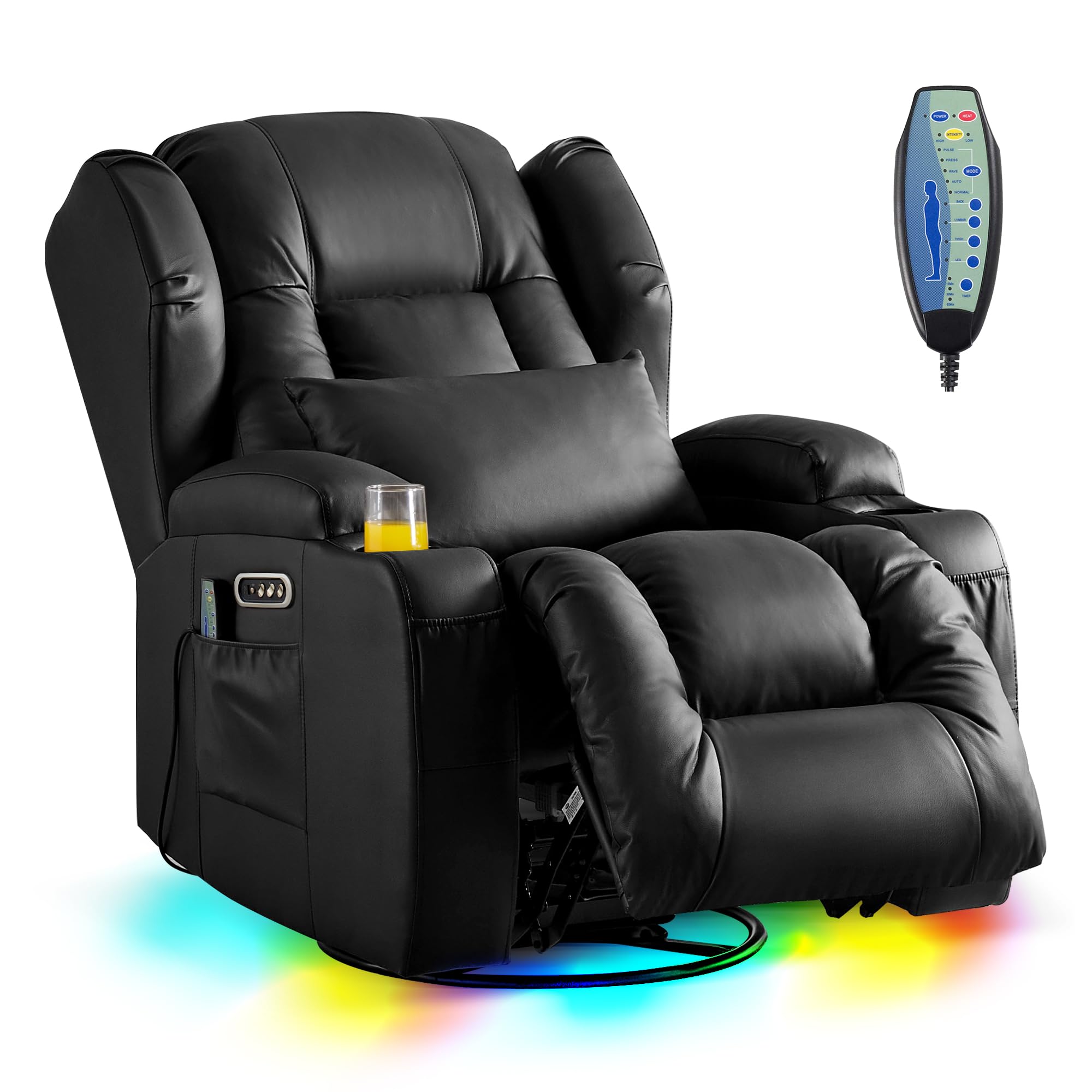 Photo 1 of DRMBOOK Dual Motor Power Swivel Rocker Recliner Chairs, Electric Wall Hugger Reclining Sofa with Massage & Heat, Comfy Theater Seating with LED Light/USB/Type-C Ports (Leather Black, Single Chair)