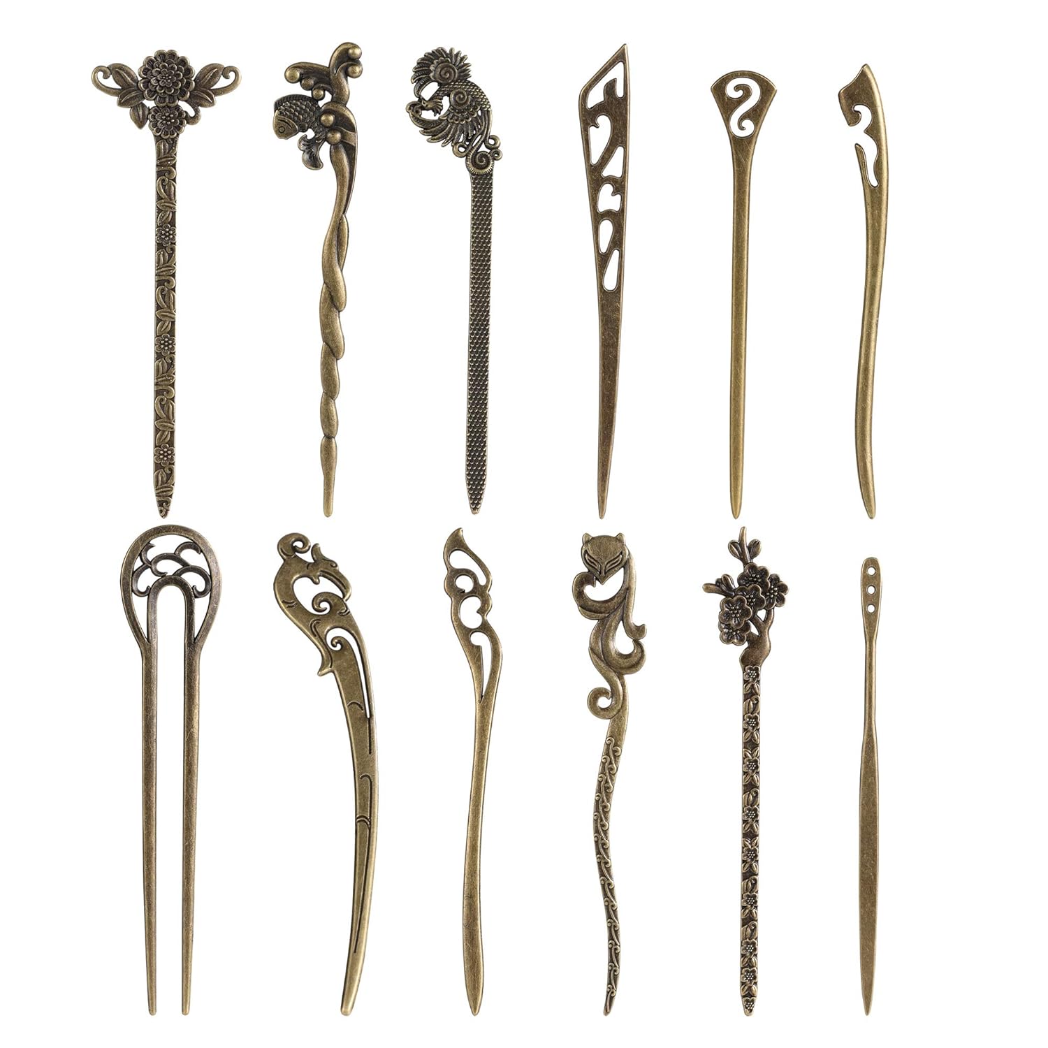 inSowni 12 Pack Ancient Chinese Japanese Vintage Retro Carved Bronze Metal Hair Sticks Hollow Accessories for Women Girls Updo Bun Chignon