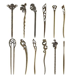 inSowni 12 Pack Ancient Chinese Japanese Vintage Retro Carved Bronze Metal Hair Sticks Hollow Accessories for Women Girls Updo Bun Chignon