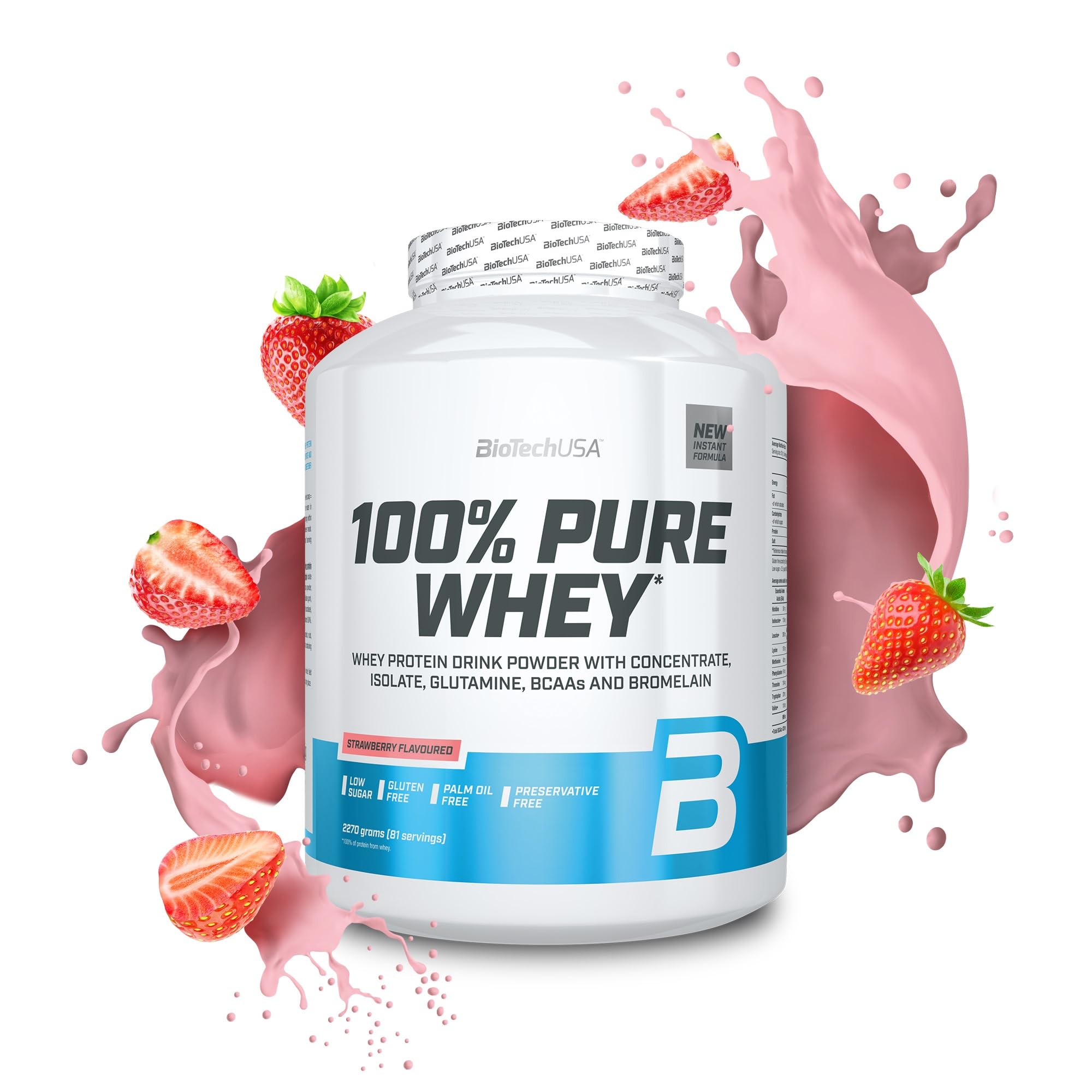 BioTechUSA 100% Pure Whey | Protein Powder with BCAA and Glutamine | Gluten-Free, Palm Oil Free | 21g Protein per Serving, 2.27 kg, Strawberry