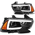 DNA MOTORING Black/Amber HL-LB-DCH11-BK-AM Pair LED DRL Projector Headlight Lamp Replacement Compatible with 11-14 Charger with Halogen Headlights