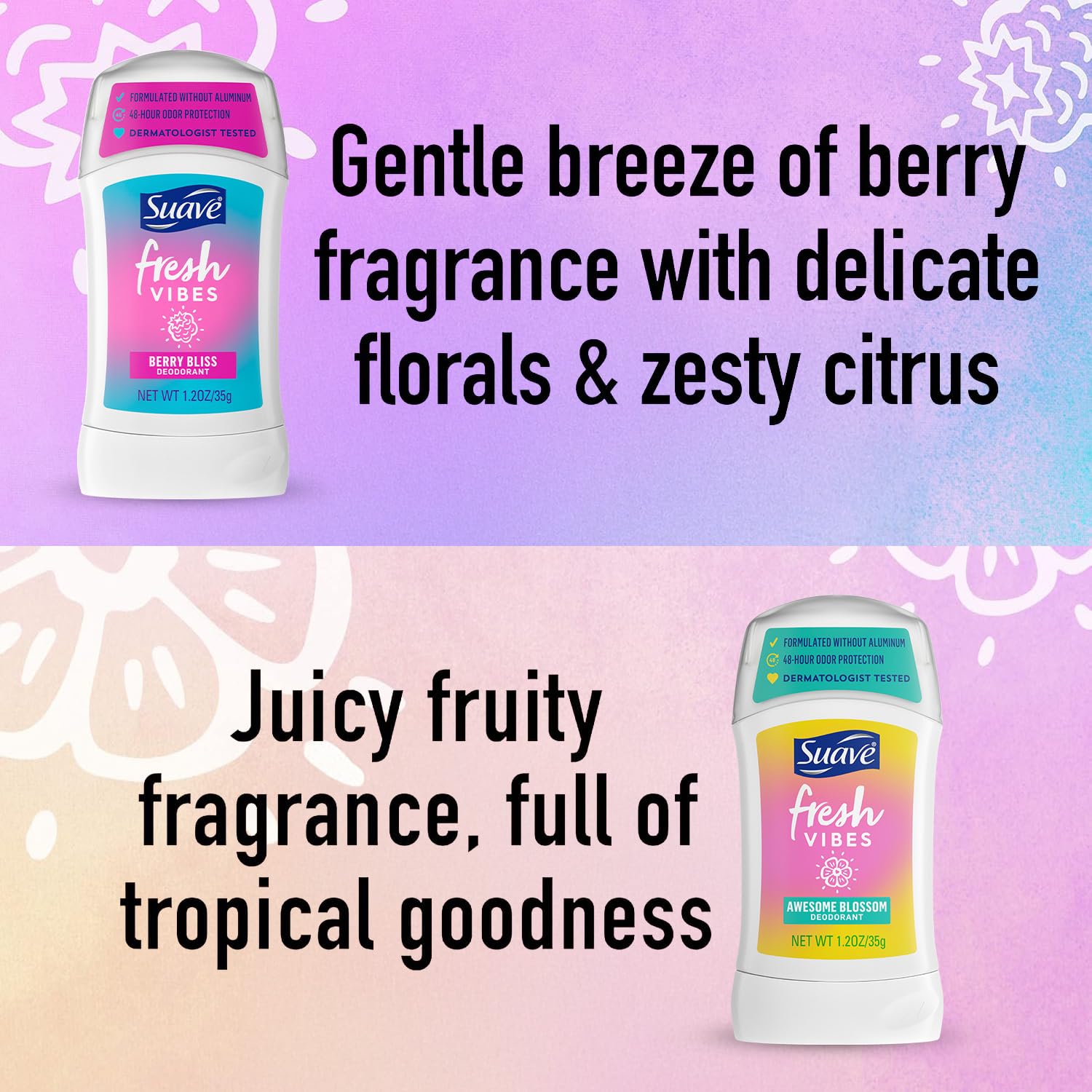Suave Aluminum-Free Deodorant, Kids & Teen Girls – Fresh Vibes Berry Bliss & Awesome Blossom, 48H Protection, 1.2 Oz Ea