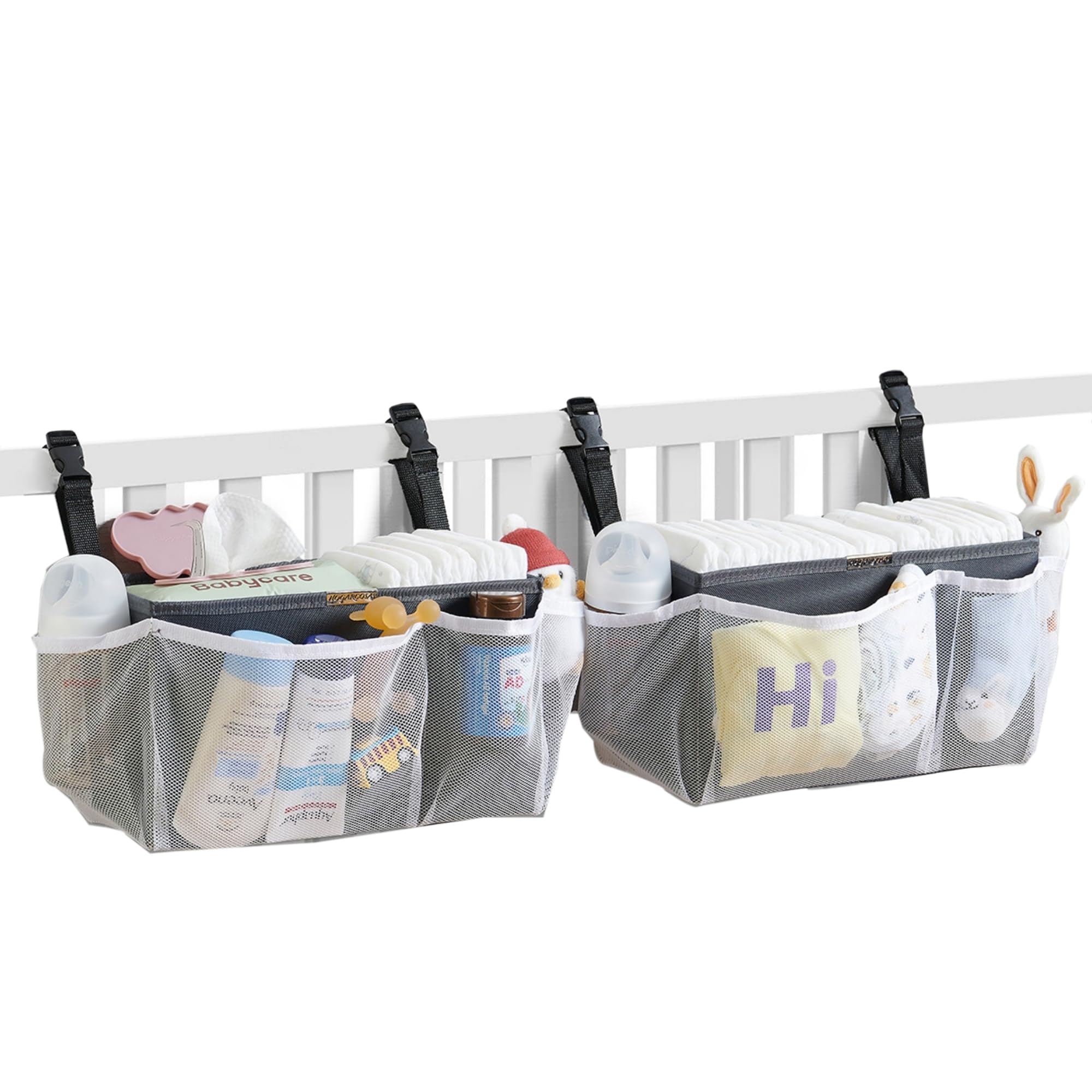 Photo 1 of HOGARCOSAS Diaper Caddy Organizer for Crib, 2-Pack Hanging Nursery Storage Bags - Large Capacity for Baby Essentials, Toys, Clothes and Bottles, Made of Washable Durable Oxford Fabric?Snap Buckle?