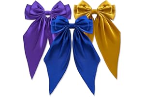 Loqpol 3 PCS Silky Satin Hair Bows, Oversized Long Tail Bows with Barrette Clips, Coquette Hair Accessories for Women and Girls (Royal Blue - Yellow - Purple)