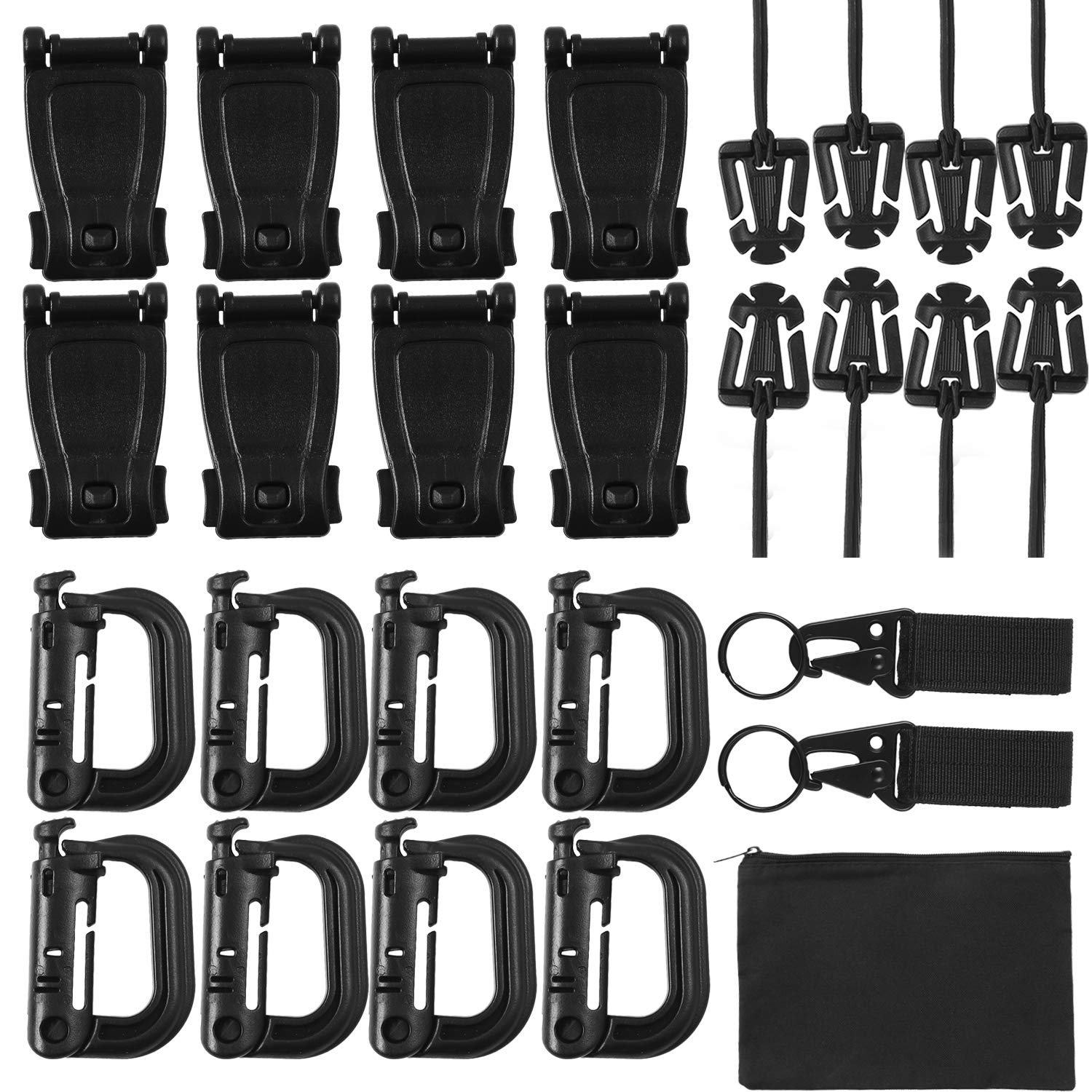 ファスナー収納バッグ付き キーリングホルダー ウェビングアタッチメント Dリング バックル タクティカルベストベルト B07ppf1p5c タクティカルギアクリップ ブラック 27キット Ruisita グリムロック Molleバックパック用 タックルボックス 楽天