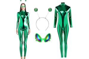 Maiteenly Women's Shiny Metallic Unitard Bodysuit Catsuit Alien Headband and Glasses Halloween Jumpsuit Costume Accessories