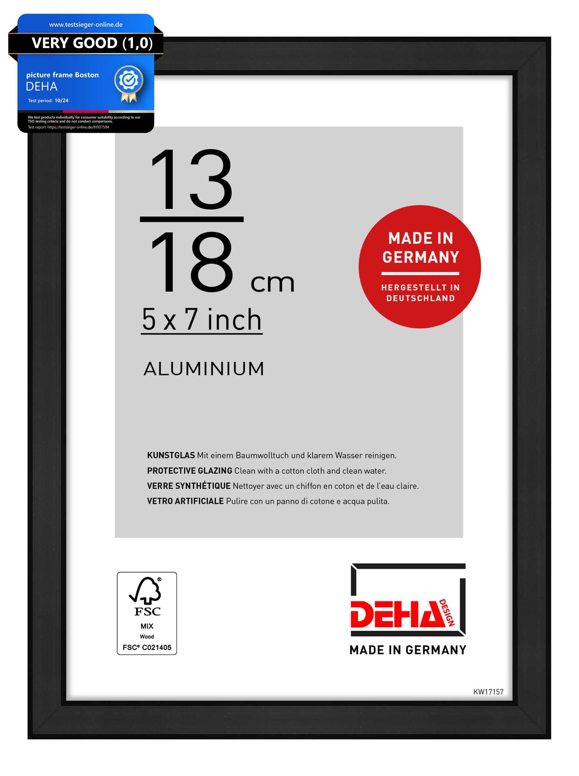 DEHA Design Boston Aluminium Picture Frame - 13x18 cm (5x7 in) – Matt Black - with Synthetic Glass and Push/Turn Clips