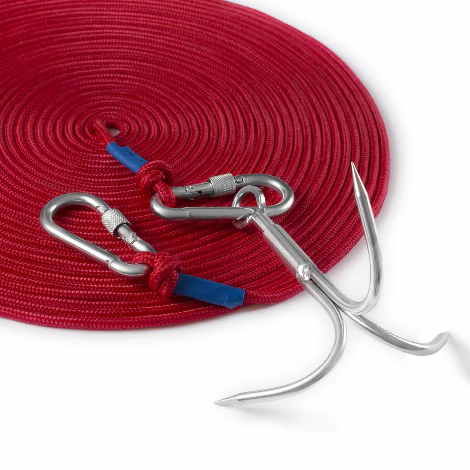 PIOSRTRR Grapple Hook with Rope-Includes Nylon Rope 6mm x 15M,Functional Grappling Hook and Double Carabiner,for Magnet Fishing/Drag/Tree Work