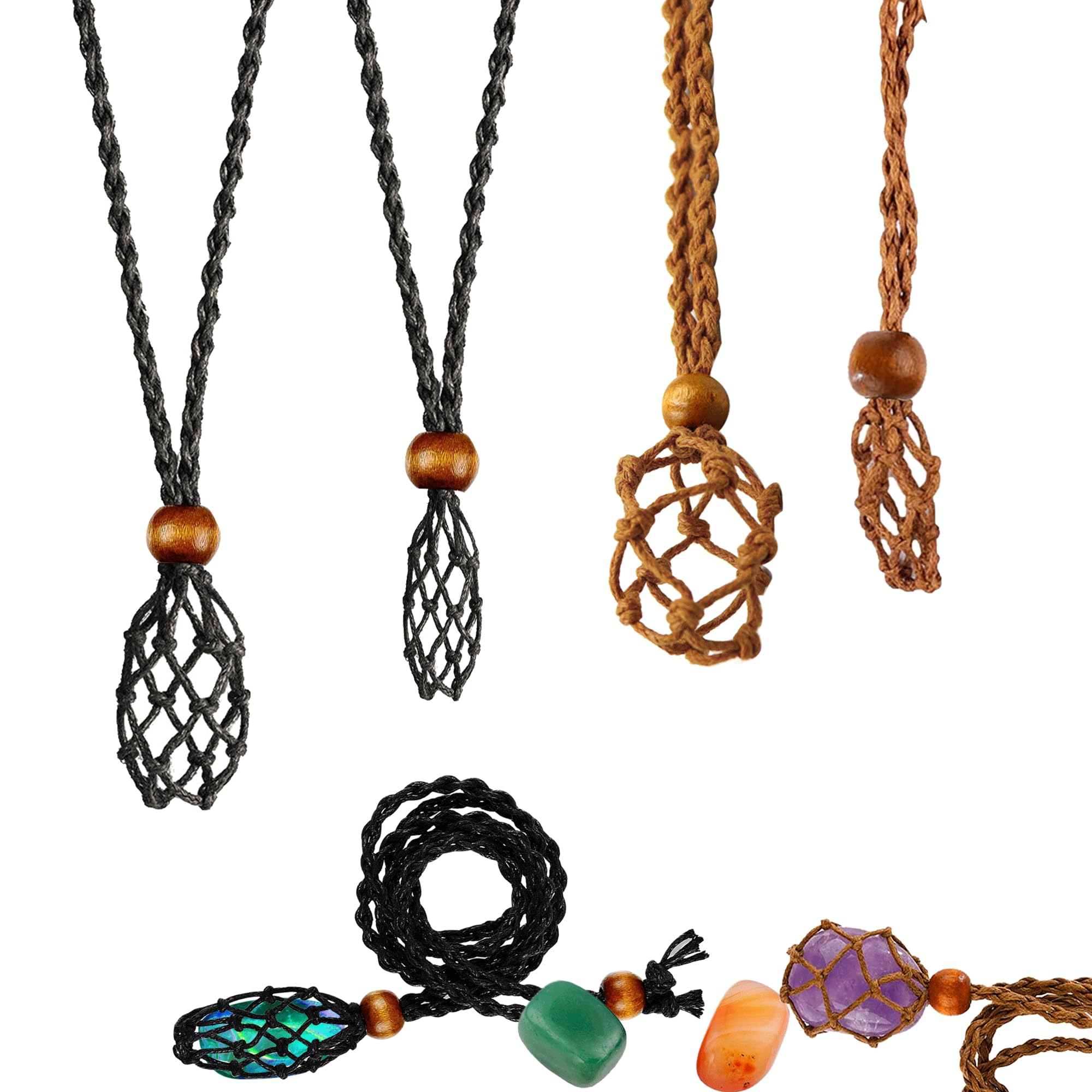 Bansusu 4 Pcs Crystal Necklace Holder Adjustable Crystal Stone Holder Necklace Soft Empty Stone Holder Handmade Weave Rope for DIY Stone Amulet Pendant Necklace Jewelry Making Accessories(2 Color)