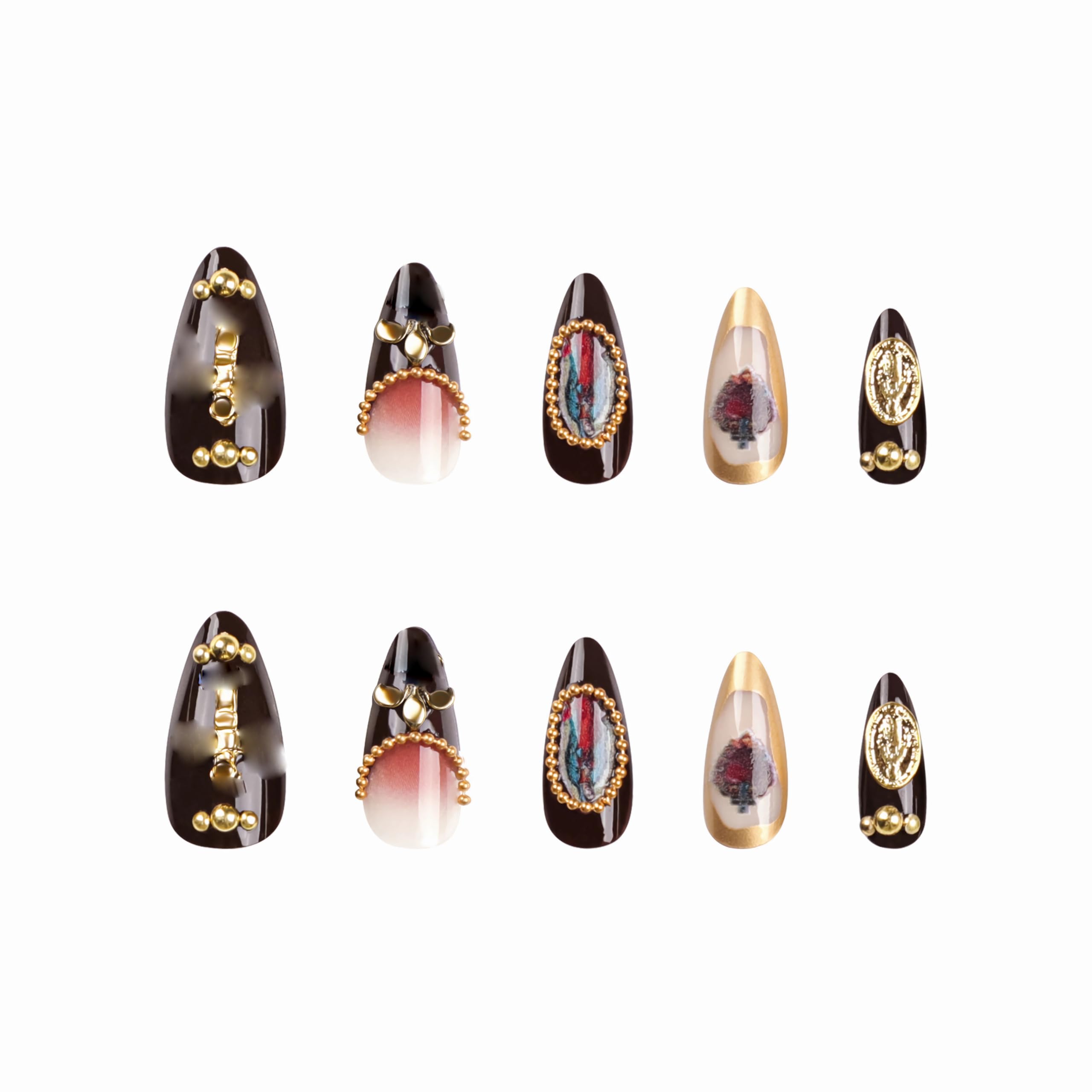 BABALAL Almond Press on Nails Medium Fake Nails Brown Fall Glue on Nails Golden Chrome Baroque Art Acrylic Nails 3d Heart Charm Metallic Ball Design Stiletto Manicure Stick on False Nails - Image 4