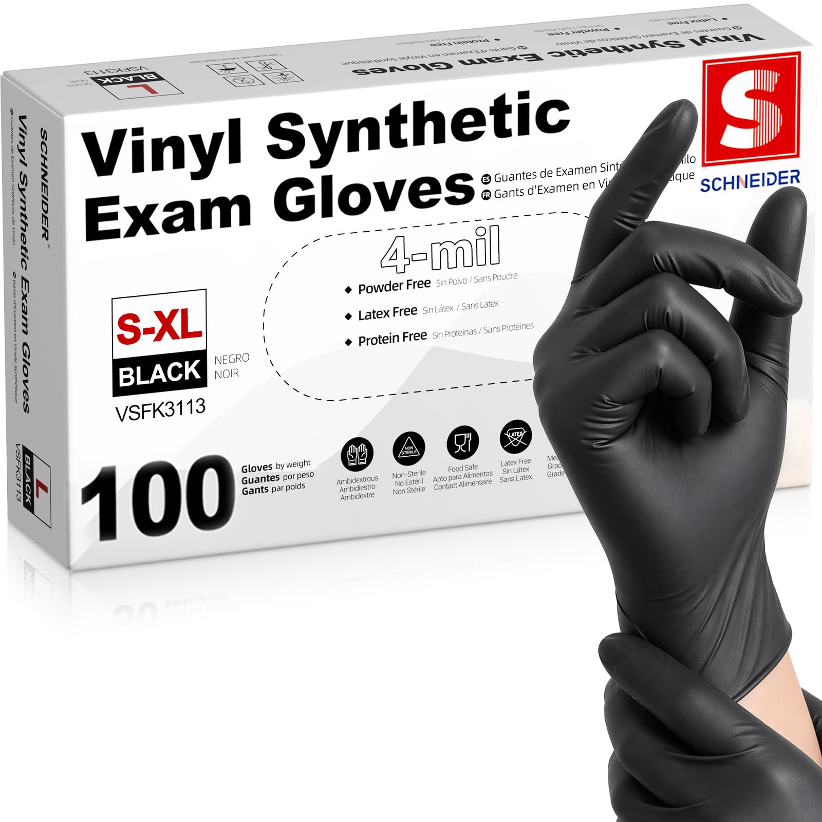 Schneider Medical Nitrile/Vinyl Blend Exam Gloves, Black Disposable, 4 Mil
