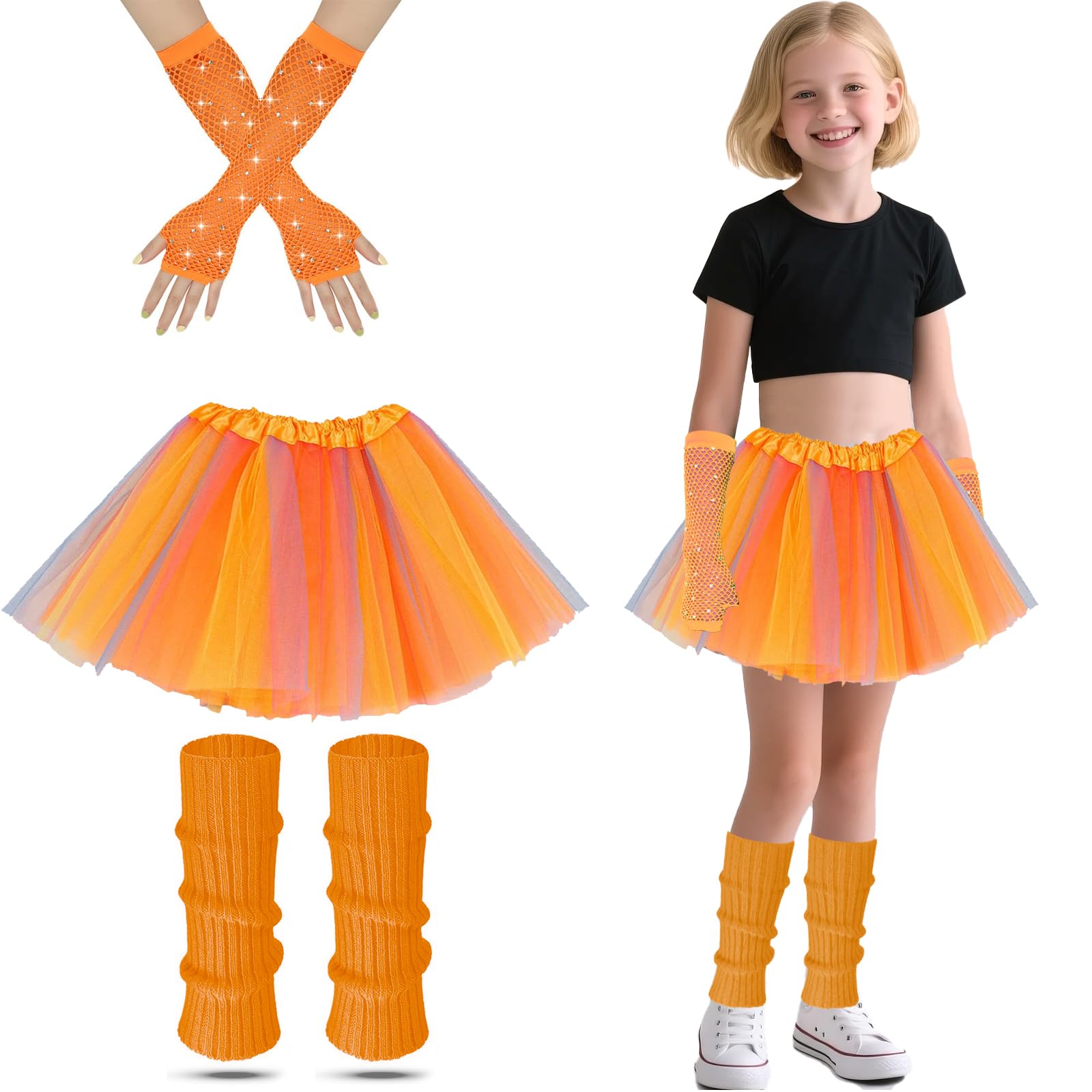 80s Fancy Dress for Kids Rockstar Costume, 80s Outfits Kids Neon Tutu Set Girls Leg Warmers Fishnets Gloves and Fancy Dress Tutu for 1980s Theme Party Disco Party Costume Carnival Gathering (Orange)