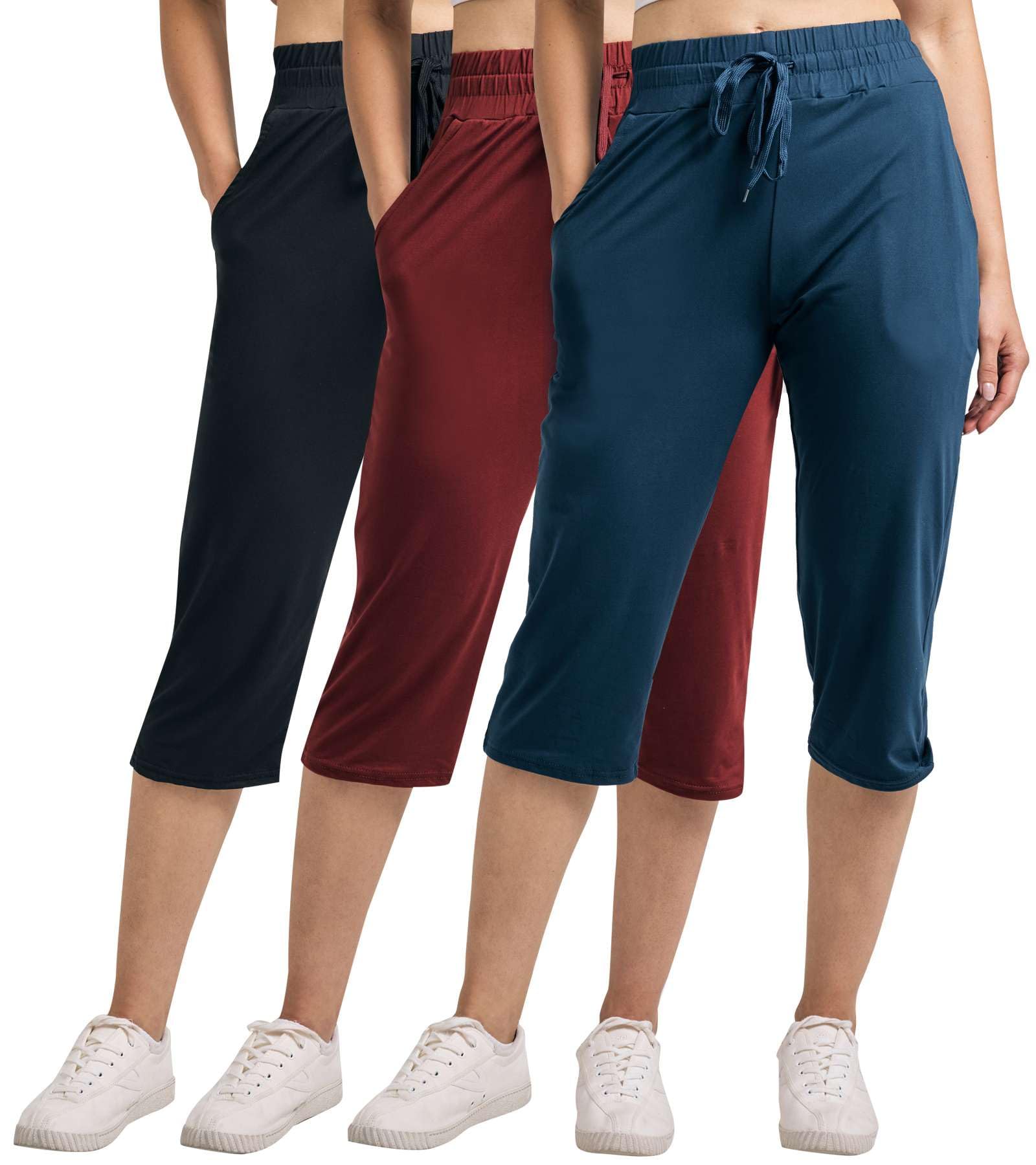 Photo 1 of 3 Pack: Womens Soft Capri Sweatpants Open Bottom Summer Lightweight Wide Leg Sweats for Women Running Bottoms Capris Sports Lounge Active Ladies Pants Casual Athletic Pockets Drawstring - Set 1, XL