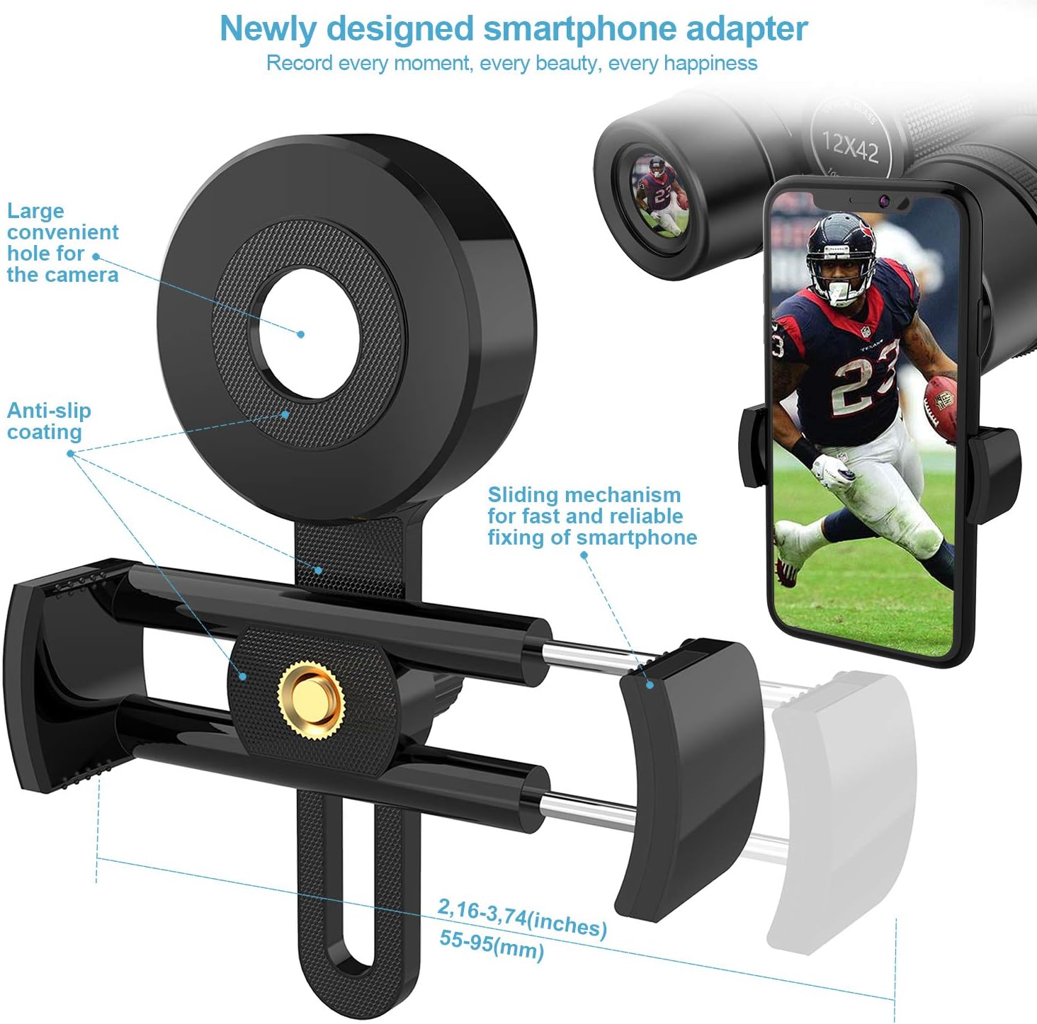 12x42 Binoculars for Adults with New Smartphone Photograph Adapter - 18mm Large View Eyepiece - 16.5mm Super Bright BAK4 Prism FMC Lens - Binoculars for Birds Watching Hunting - Waterproof (1.25 lbs) : Camera & Photo