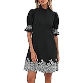 YEXPINE Women's Summer Embroidered Mini Dress Short Puff Sleeve Ruffle Collar Button Front Shift Dress