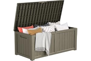 DWVO 120 Gallon Outdoor Storage Box, Large Lockable Resin Deck Box, Water Resistant Patio Storage Box for Tools, Cushions, Supplies - Light Brown