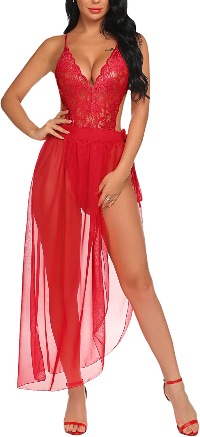 Avidlove Women One Piece Lingerie Deep V Lace Bodysuit Mosaic Lace Teddy Mesh Skirt at  Women’s Clothing store