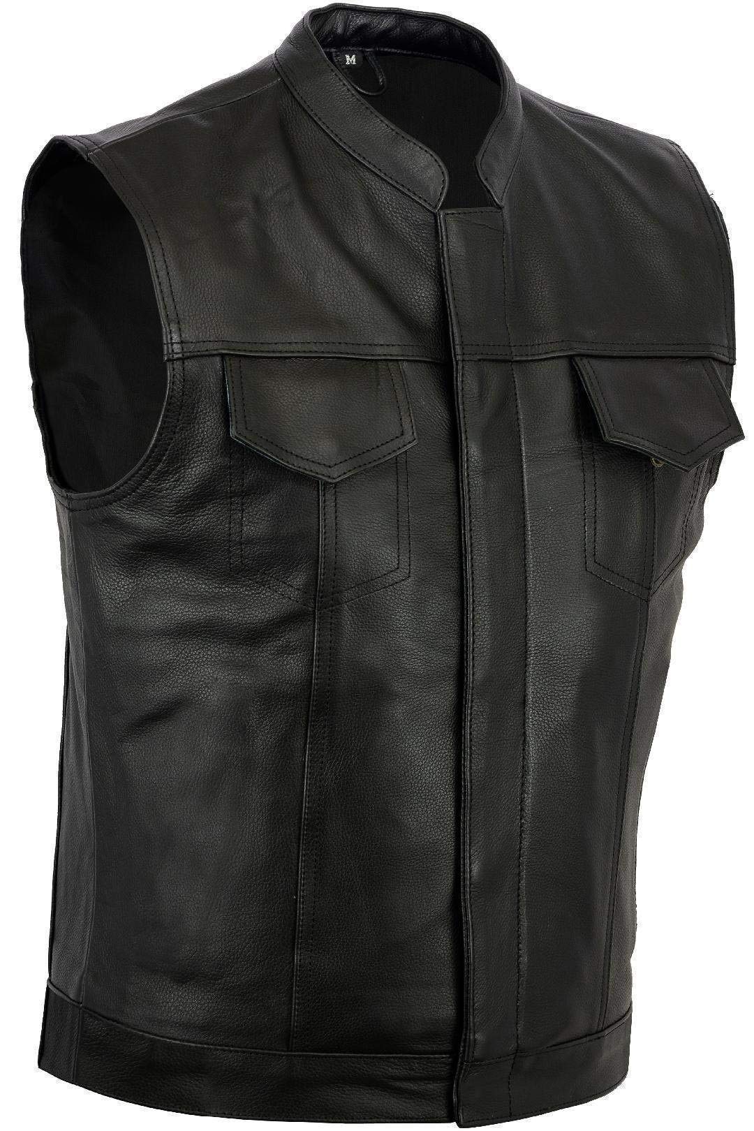 Bikers Gear Australia Black Revolver Motorcyle Leather Vest Sons of Anarchy Style Biker Sleeveless Waistcoat, Black, LARGE L