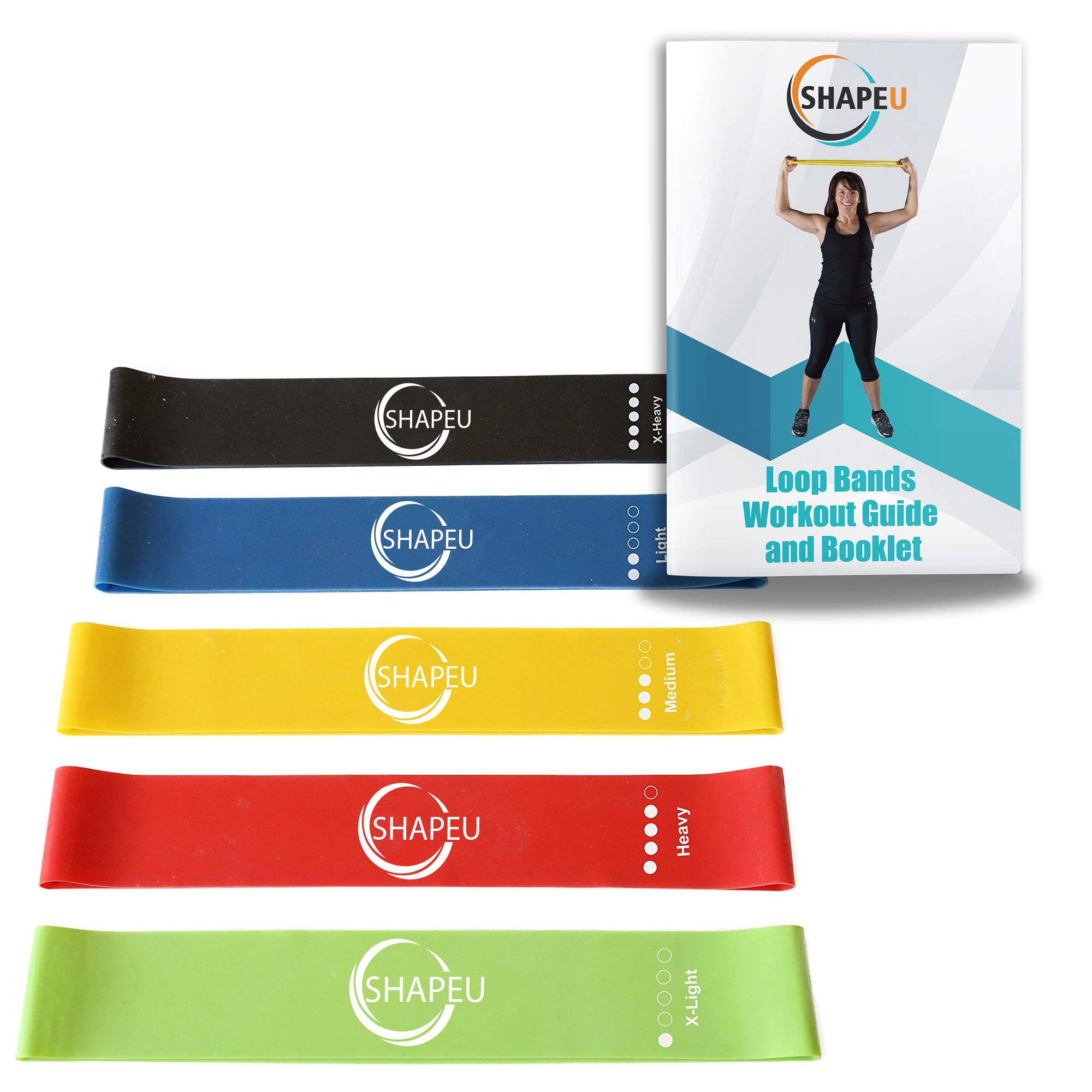ShapeU Resistance Loop Band Set - Includes 5 Exercise Loop Bands with Carrying Bag, Exercise Instruction Guide Plus Bonus Digital Workouts and Workout EBook
