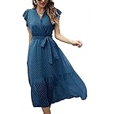 Genhoo Women's Summer Floral Printed Wrap V Neck Cap Sleeve Beach Pleated Hem Party Midi Dress S-2XL