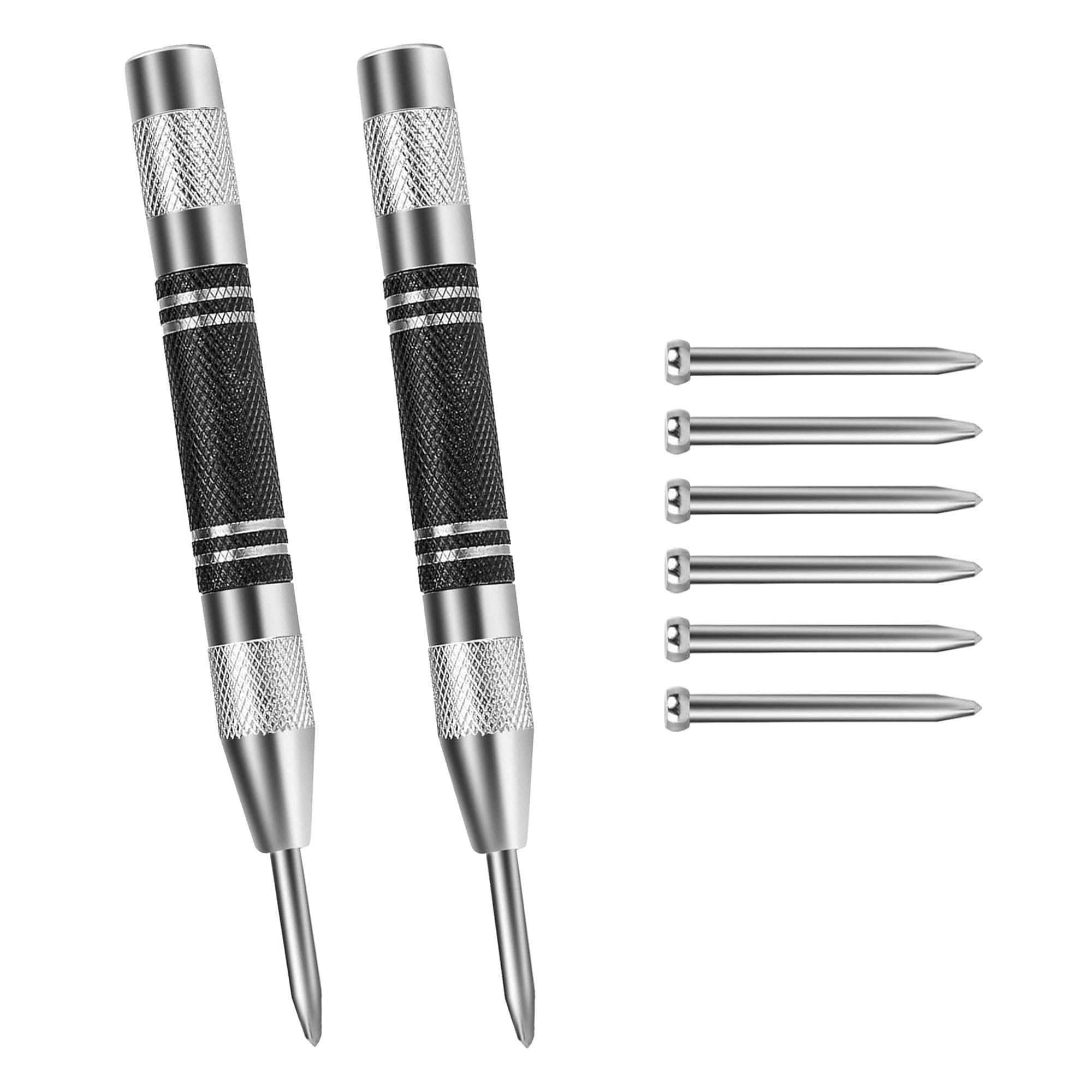 GIONAR 2 Pack Center Punch, Automatic Centre Punch with 6 Replacement Tips, Spring Loaded Centre Punch, High-Speed Steel Material, for Glass Wood Thin Steel Sheets
