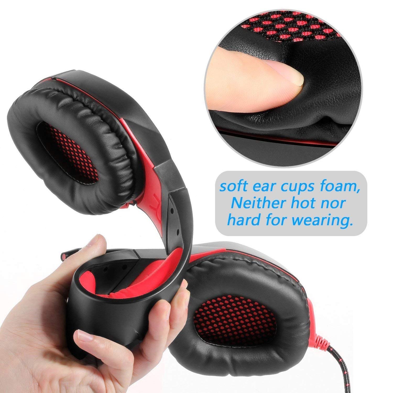 Gaming Headset with Stereo Sound Noise Cancelling Mic Over Ear Headphones for New Xbox One PC Mac OS PS4 Table Phone (K1B-Red)