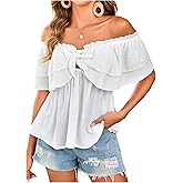 SweatyRocks Women's Off The Shoulder Peplum Blouse Short Sleeve Tie Front Ruffle Flowy Top