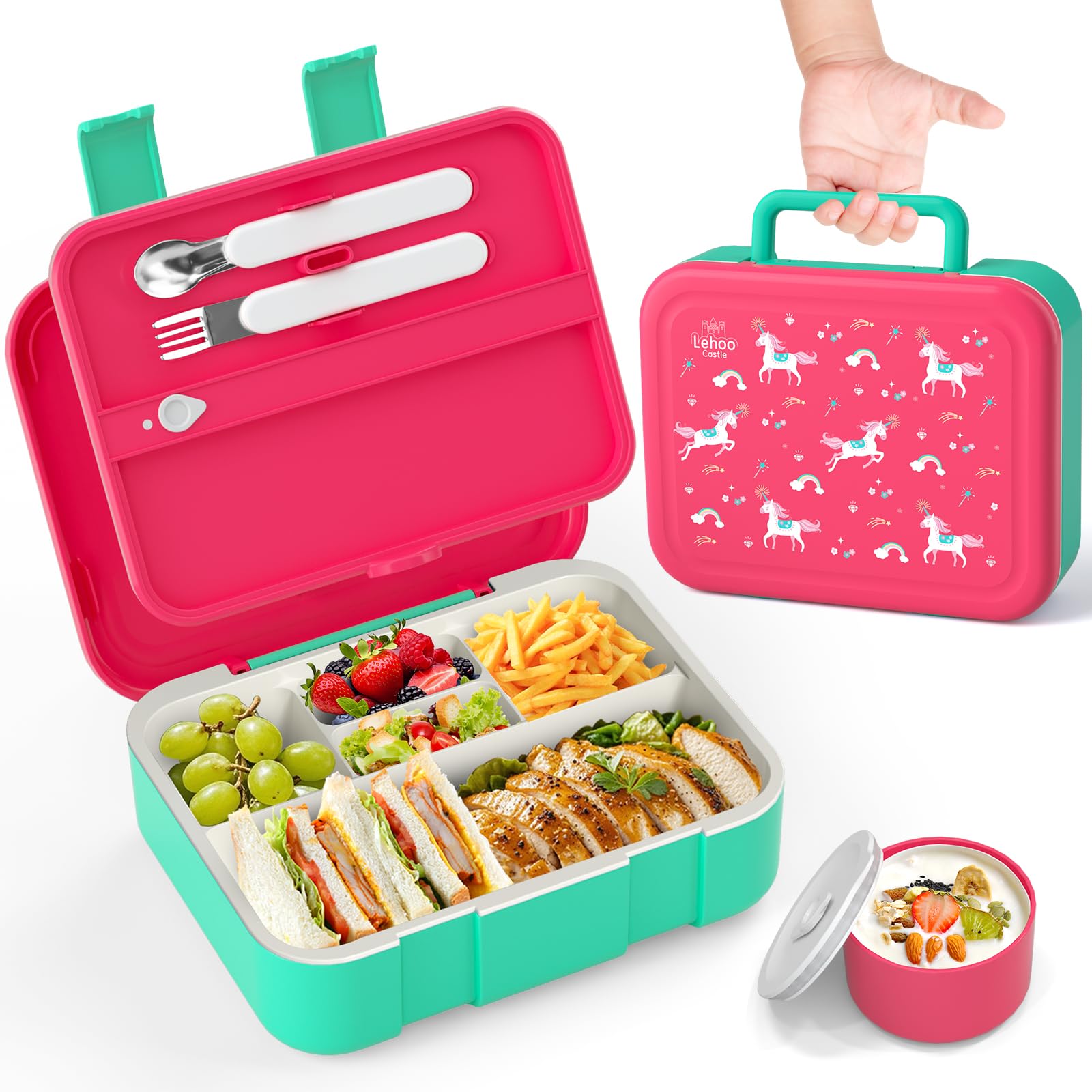 Lehoo Castle Bento Lunch Box for Kids, 1250ml Girls Lunchbox with 5 Compartments, Toddler Lunch Containers with Spoon&Fork, Sauce Jar, Leakproof, BPA-Free(Unicorn)