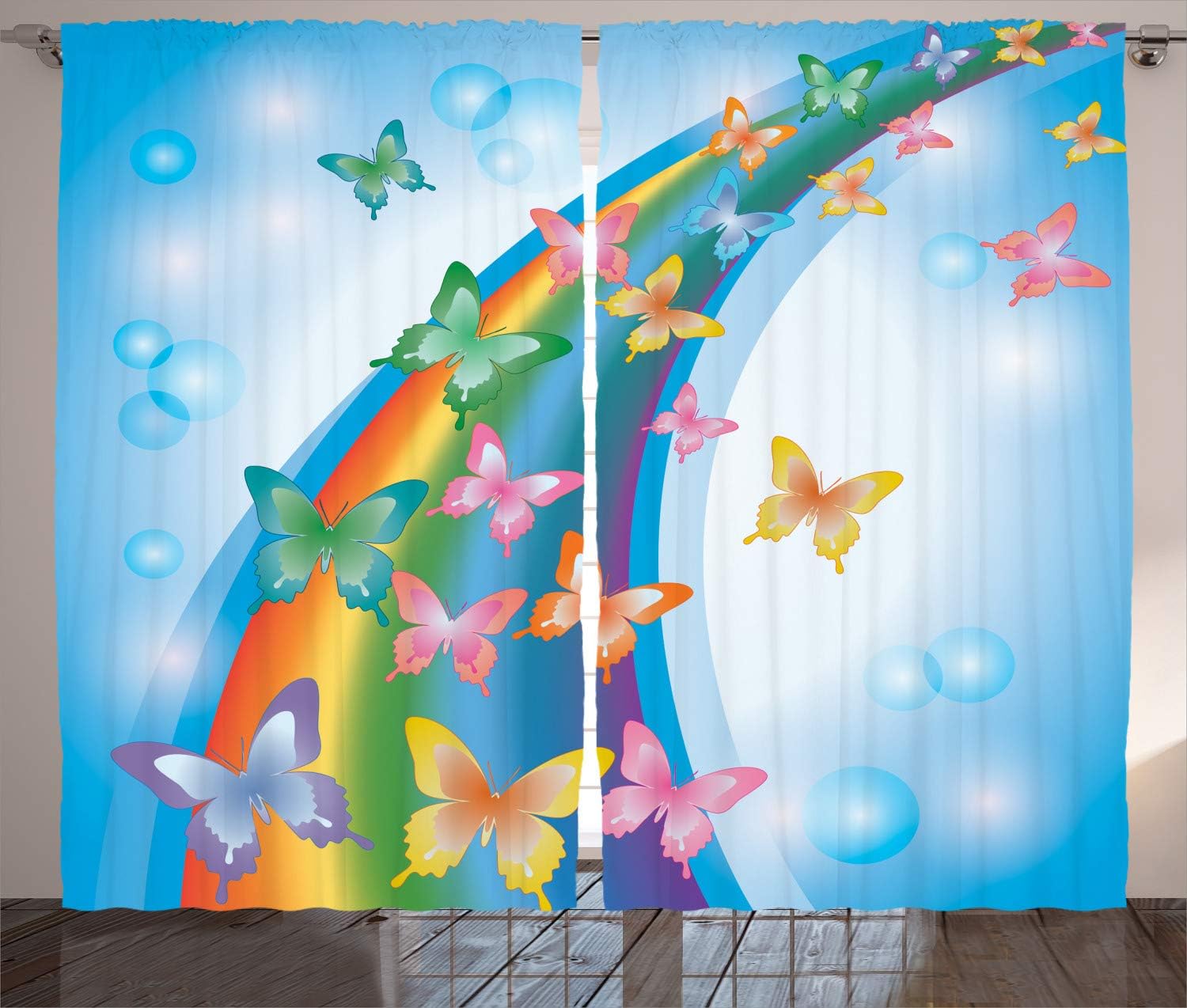 Lunarable Butterfly Curtains, Colorful Background Rainbow Butterflies Bubbles Fairy
