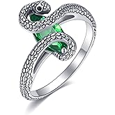 ASTRKIP Snake Ring 925 Sterling Silver Snake Rings With Oval Green Stone for Women Size 7 8