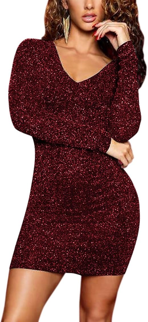 Long Sleeve Red Glitter Dress Best Sale 