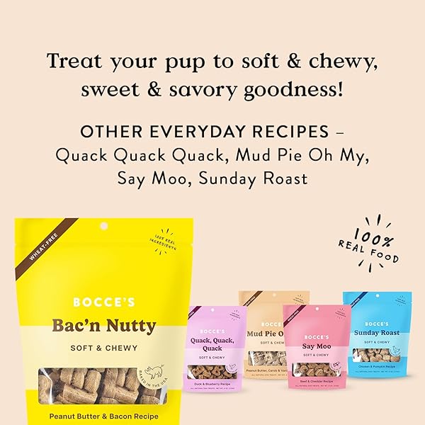 BOCCE’S BAKERY BAC’N NUTTY SOFT & CHEWY DOG TREATS, WHEAT-FREE PB & BACON FLAVORED ALL NATURAL LIMITED INGREDIENT OVEN BAKED COOKIES FOR DOGS, 6 OZ BAG