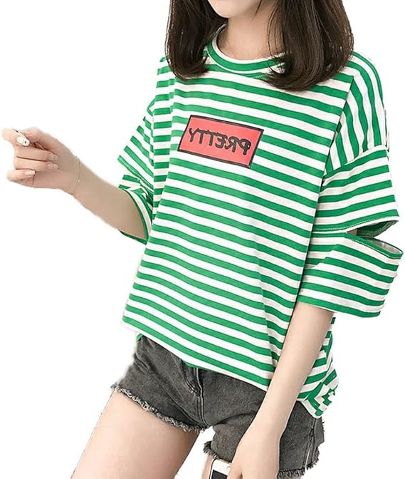 Amazon Xinxikeji 夏服 レディース ストライプtシャツ シンプル Tシャツ プリントtシャツ ボトムシャツ レディース Tシャツ インナー ロックtシャツ ガールズ 学生tシャツ 半袖 綿 大きいサイズ 修身 カジュアル シャツ 観光 通勤 日常用 Tシャツ カットソー 通販