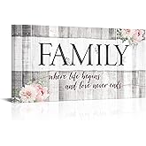 Canvbay Rustic Home Sign Wall Art Family Where Life Begins and Love Never Ends Canvas Prints Inspirational Quotes Artwork for Bedroom Living Room Kitchen 20x40inch