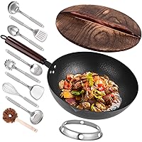 Leidawn 12.8" Carbon Steel Wok - 11Pcs Woks & Stir Fry Pans Wok Pan with Lid, No Chemical Coated Chinese Wok with 10 Cookware
