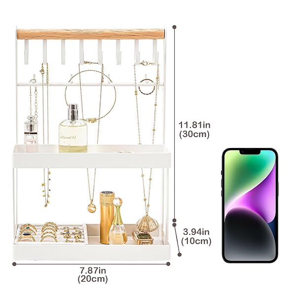 LOLALET 4-TIER JEWELRY ORGANIZER STAND WITH 12 HOOKS, NECKLACE BRACELET RING & SUNGLASSES HOLDER, CUTE METAL JEWELRY STORAGE RACK FOR VANITY, DRESSER OR ENTRYWAY, NO ASSEMBLY -WHITE
