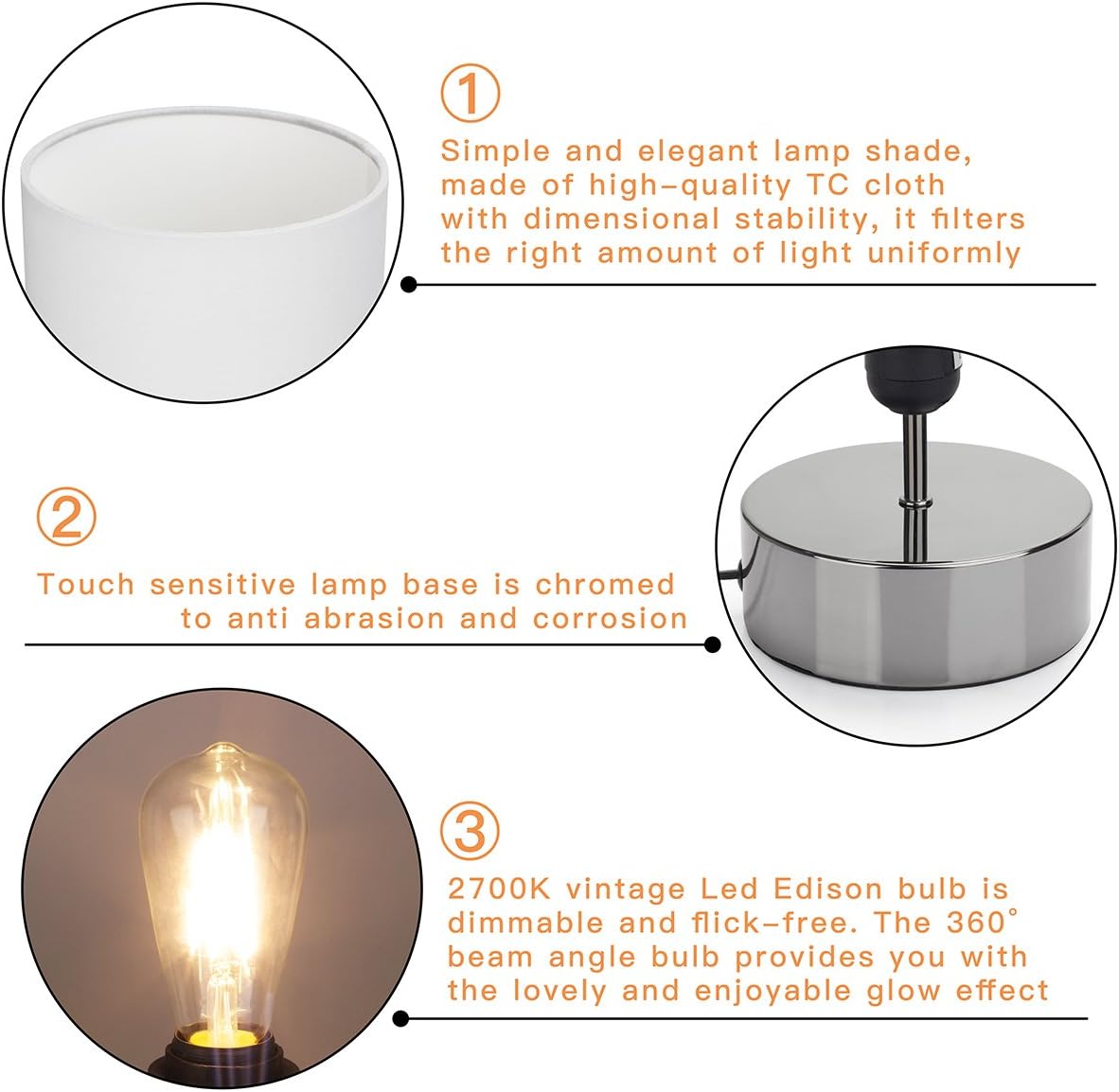 Touch Control Table Lamp Bedside Minimalist Desk Lamp Modern Accent Lamp Dimmable Touch Light with Cylinder Lamp Shade Night Light Nightstand Lamp for Bedroom Living Room Kitchen, E26 Bulb Included - - 
