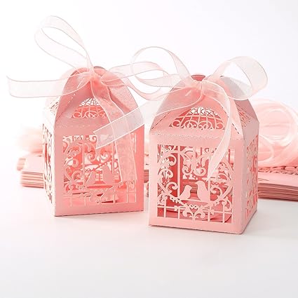 25pcs Boîte à Dragées Bonbons Coeur Oiseaux Rose Pour