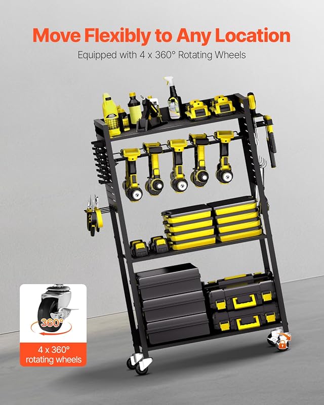 Carrello Portautensili a 4 Ripiani, Capacità di Carico 68 kg Carrello Porta Attrezzi con Ruote per Trapano e Rastrelliera di Stoccaggio Stabile, per Impieghi Gravosi per Officina, Garage, Nero