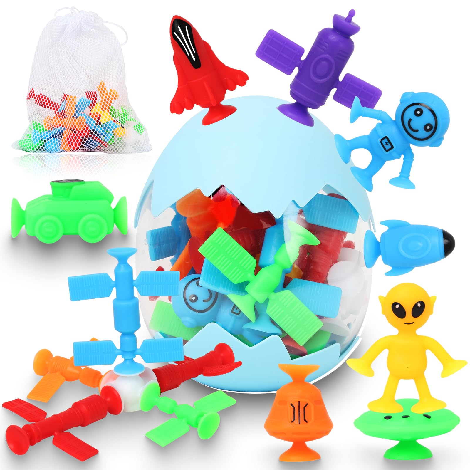 Photo 1 of Suction Bath Toys for Kids, 20 Pcs No Hole Outer Space Bath Toy with Eggshell & Bag, Silicone Suction Cup Toys, Sensory Window Building Toys for Toddlers Boys Girls 3 4 5 6 Year Old