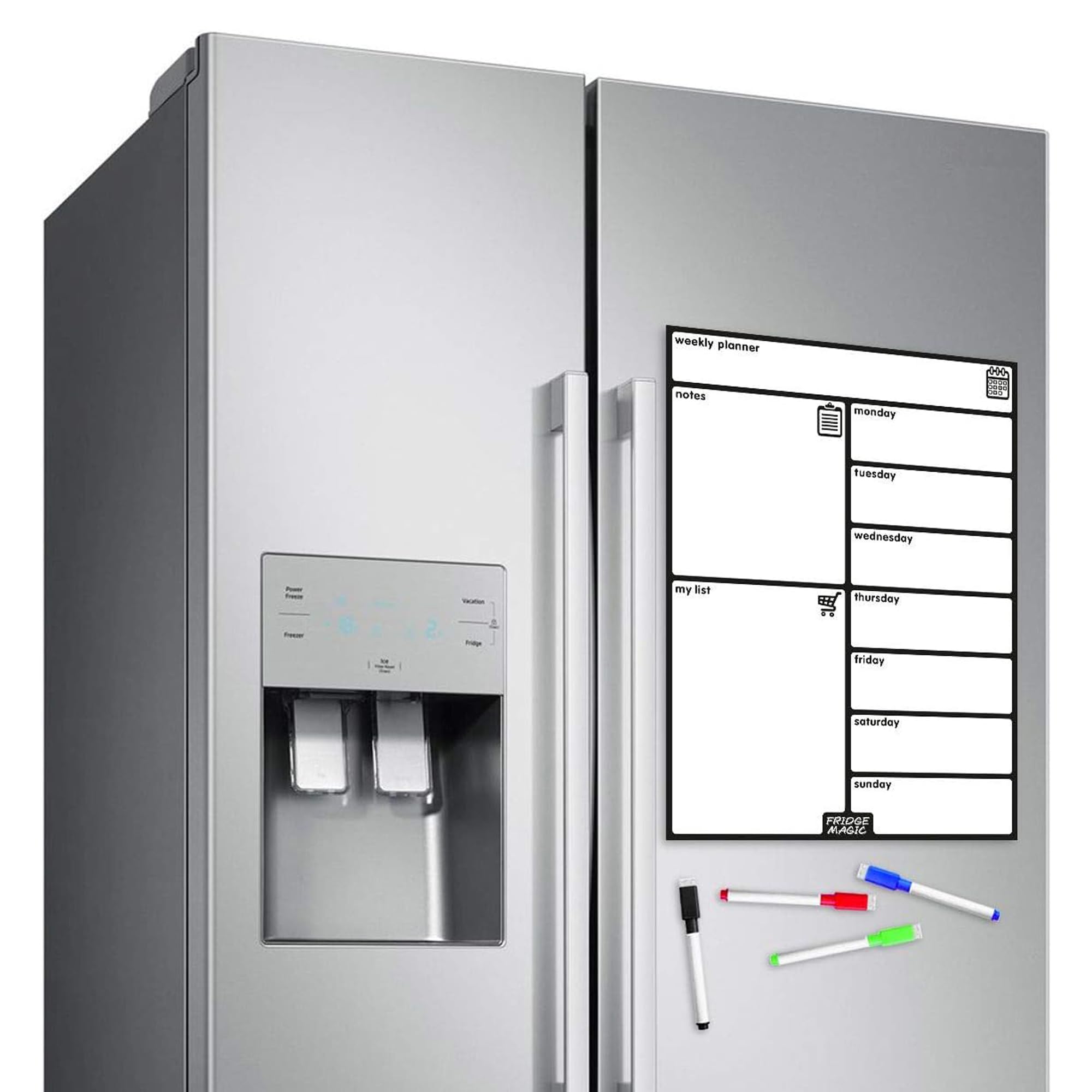 Magnetic Whiteboard for Metallic Fridge: Multi-Functional Weekly Planner, Meal Planner, and Calendar, 42x30cm with Colourful Erasable Pens