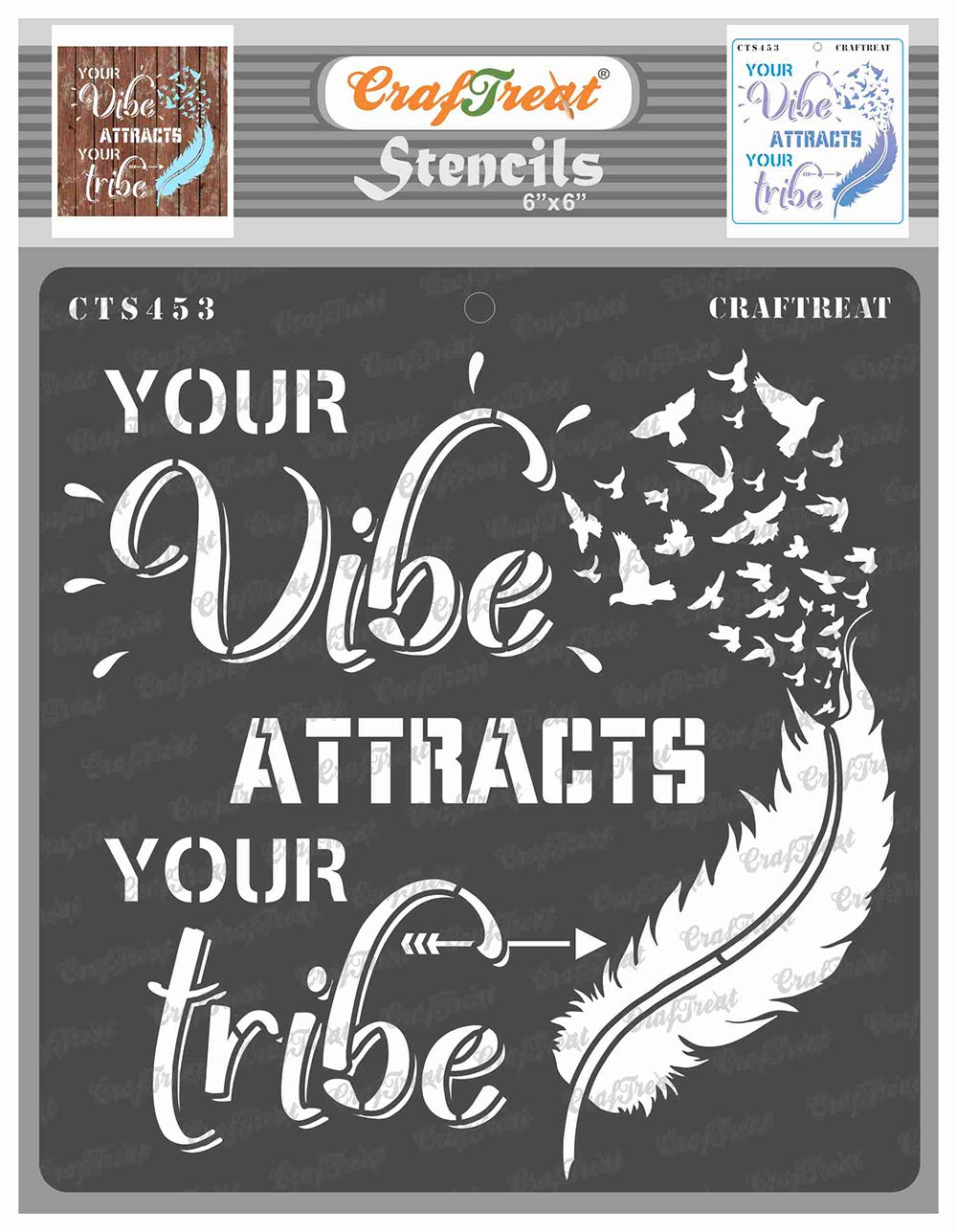 CrafTreat Quote Stencils for Painting on Wood, Canvas, Paper, Fabric, Floor, Wall and Tile - Attracts Tribe - 6x6 Inches - Reusable DIY Art and Craft Stencils - Feather Stencils for Painting