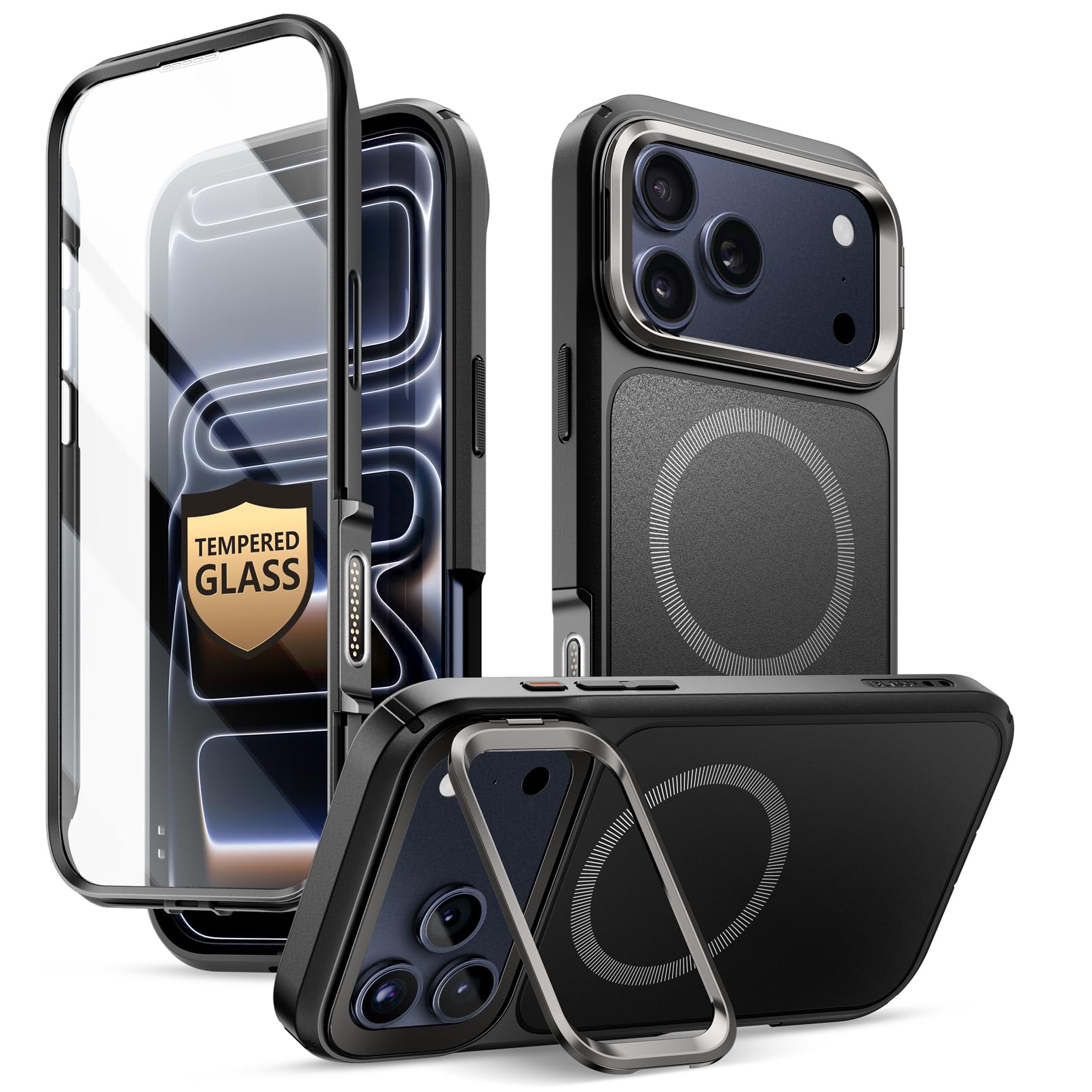 i-Blason for iPhone 17 Pro Case MagSafe with Stand [9H+ Tempered Glass Screen Protector] [Military-Grade Protection] [Camera Control Button] Full-Body Heavy Duty Magnetic Phone Case 6.3'', Black