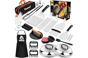 Pontual 31PCS Griddle Accessories Kit for Blackstone, Flat Top Hibachi Grill Spatula Set with 2 Melting Domes, Burger Press, Patty Maker and Apron, Professional Teppanyaki Tools Gifts for Outdoor BBQ