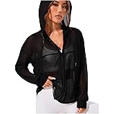 SweatyRocks Women's Zip Up Hoodie Sheer Mesh Hooded Workout Running Jackets