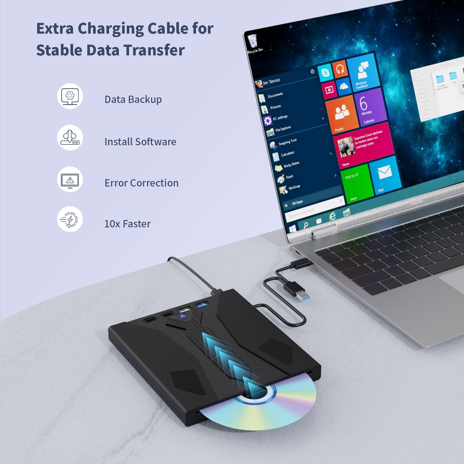 8 in 1 External Blu Ray Drive, Support 100G Disc USB 3.0 and Type-C Blu Ray Burner Portable Blu Ray DVD/CD/BD Player, 3D Optical Bluray Drive Compatible with Windows Macos for MacBook Laptop Desktop