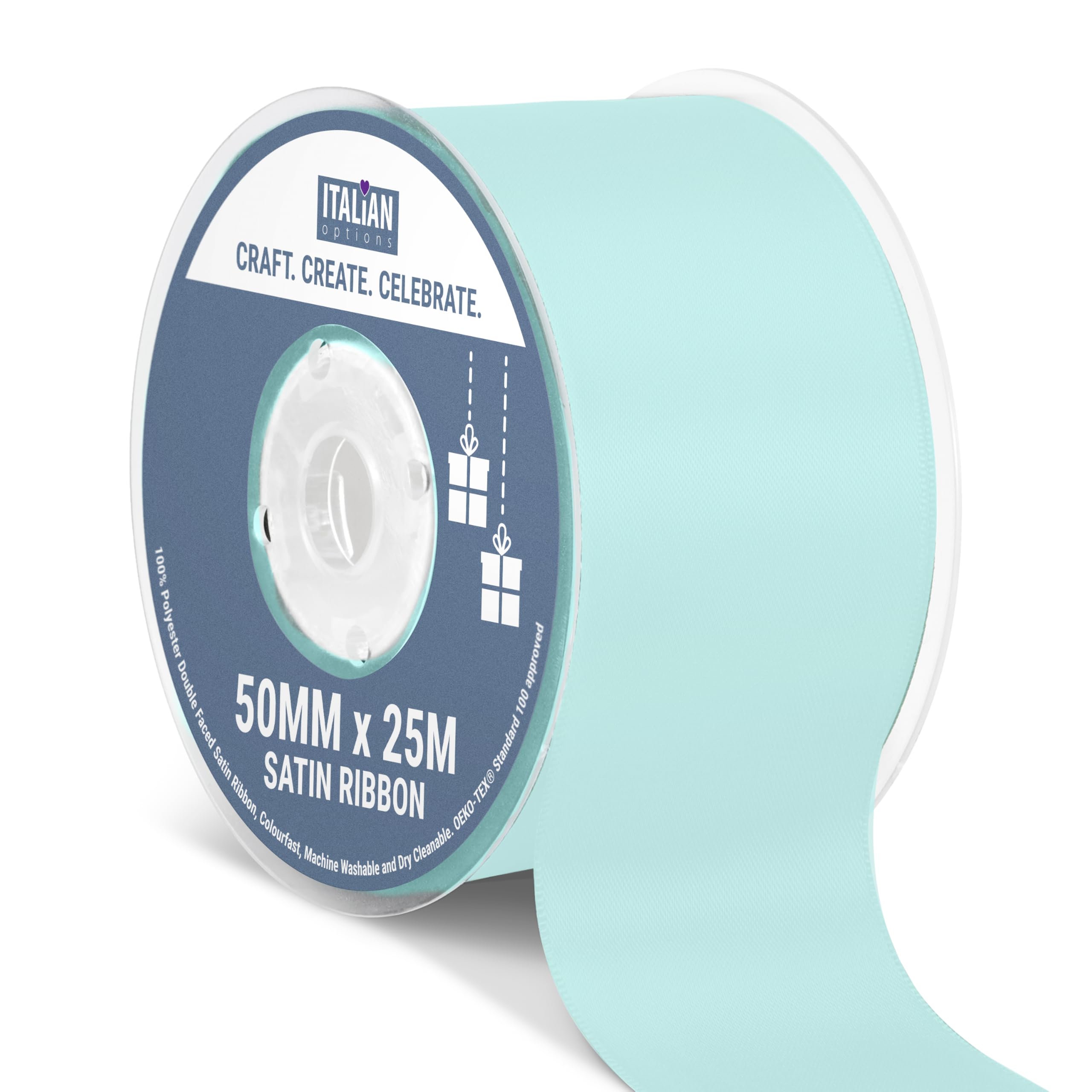 Italian Options Satin Ribbon, Fabric Ribbons for Gift Wrapping, Crafting, Balloons, Wedding Car, Presents, Cake, Christmas, Birthday, Gift Wrap Accessories, 50mm Wide x 25 Metre Roll, Duck Egg