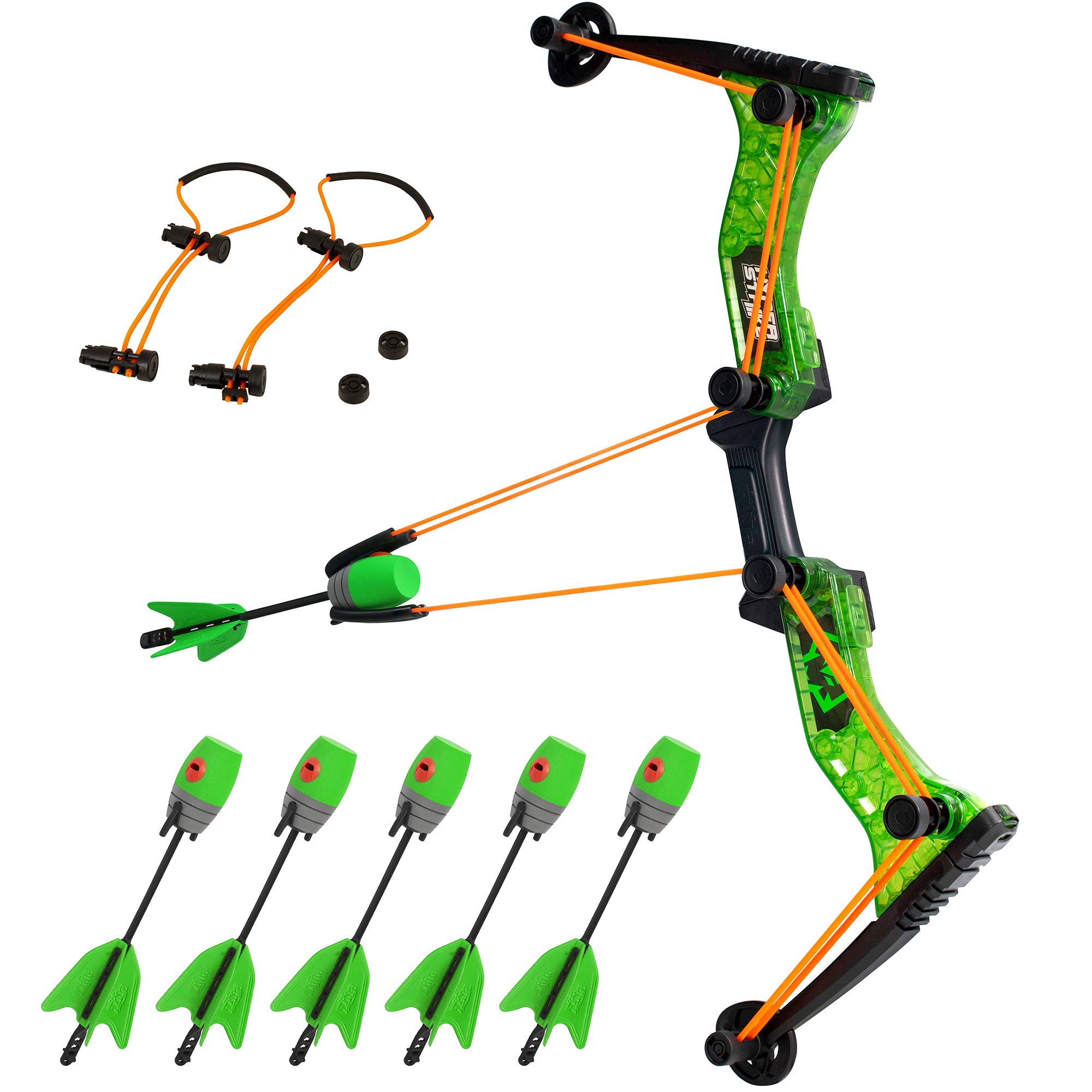 Zing HyperStrike Bow Youth Archery Pack, 1 Clear Green Bow, 6 Green Zonic Whistle Arrows and 1 Extra Orange Replacement Bungee, Eco-Friendly Packaging, Shoots Arrows Over 250 Feet