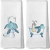 Mcehtle Funny Sea Turtle Bathroom Towels Set of 2, Ocean Animal Sea Turtle Hand Towel, Bathroom Restroom Washroom Decorative Tea Towel Dish Towels 16x24 Inch