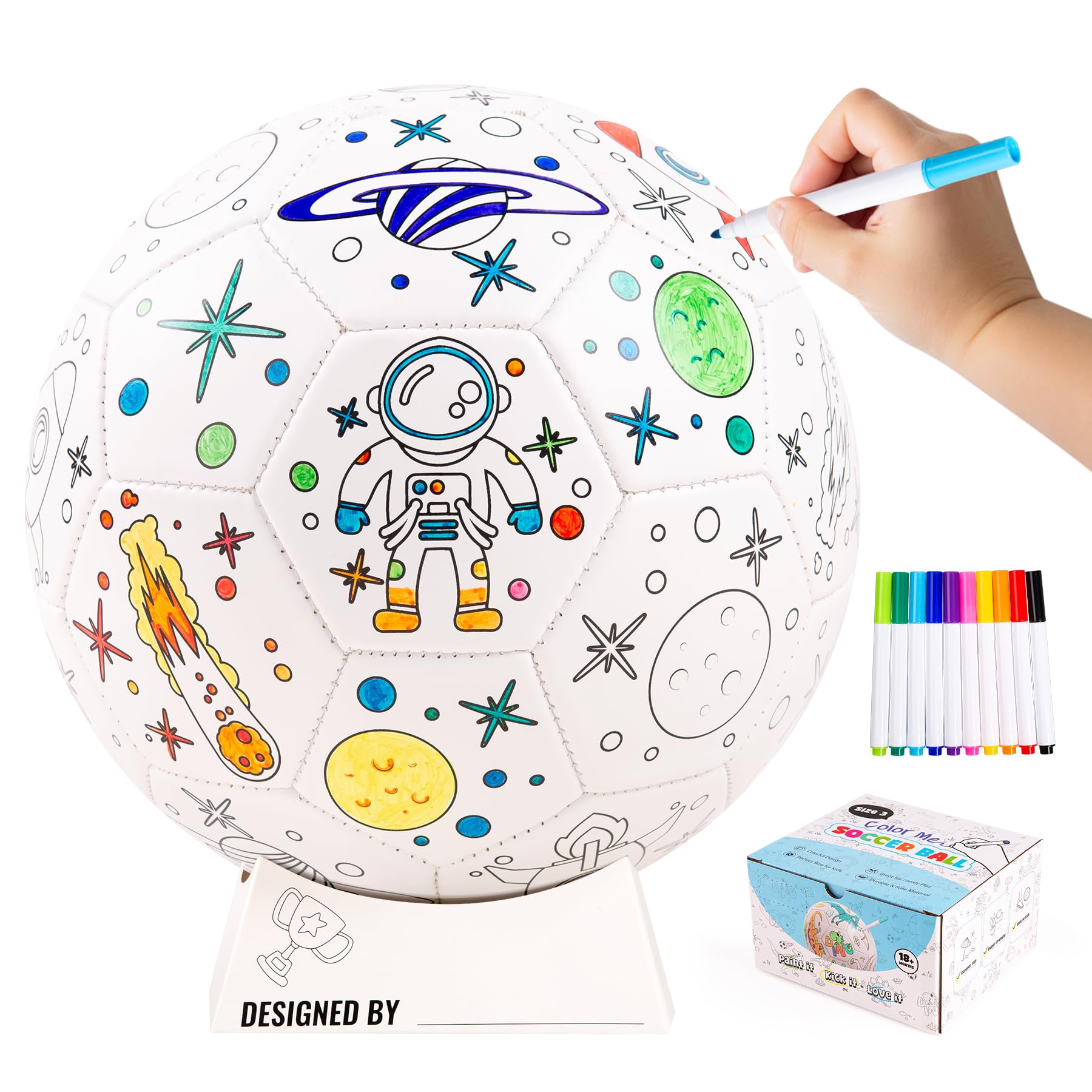 U&C Planet Customizable Size 3 Football Colouring Football for Kids Ages 3-8, Includes 10 Washable Markers, Ball Stand & Pump, Durable PVC, Indoor & Outdoor Play, Creative Gift Idea